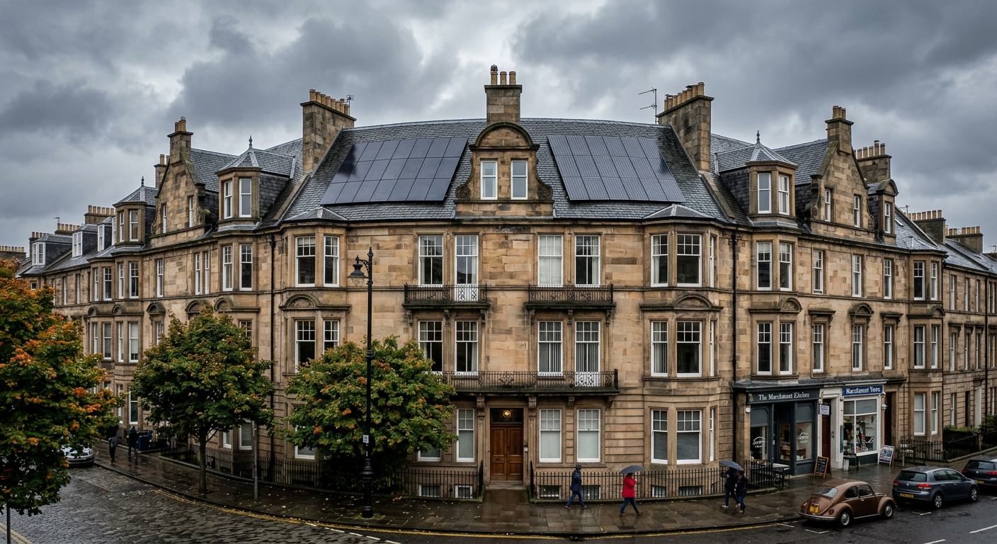 Edinburgh sandstone tenement with solar panels on a grey slate roof in a conservation area