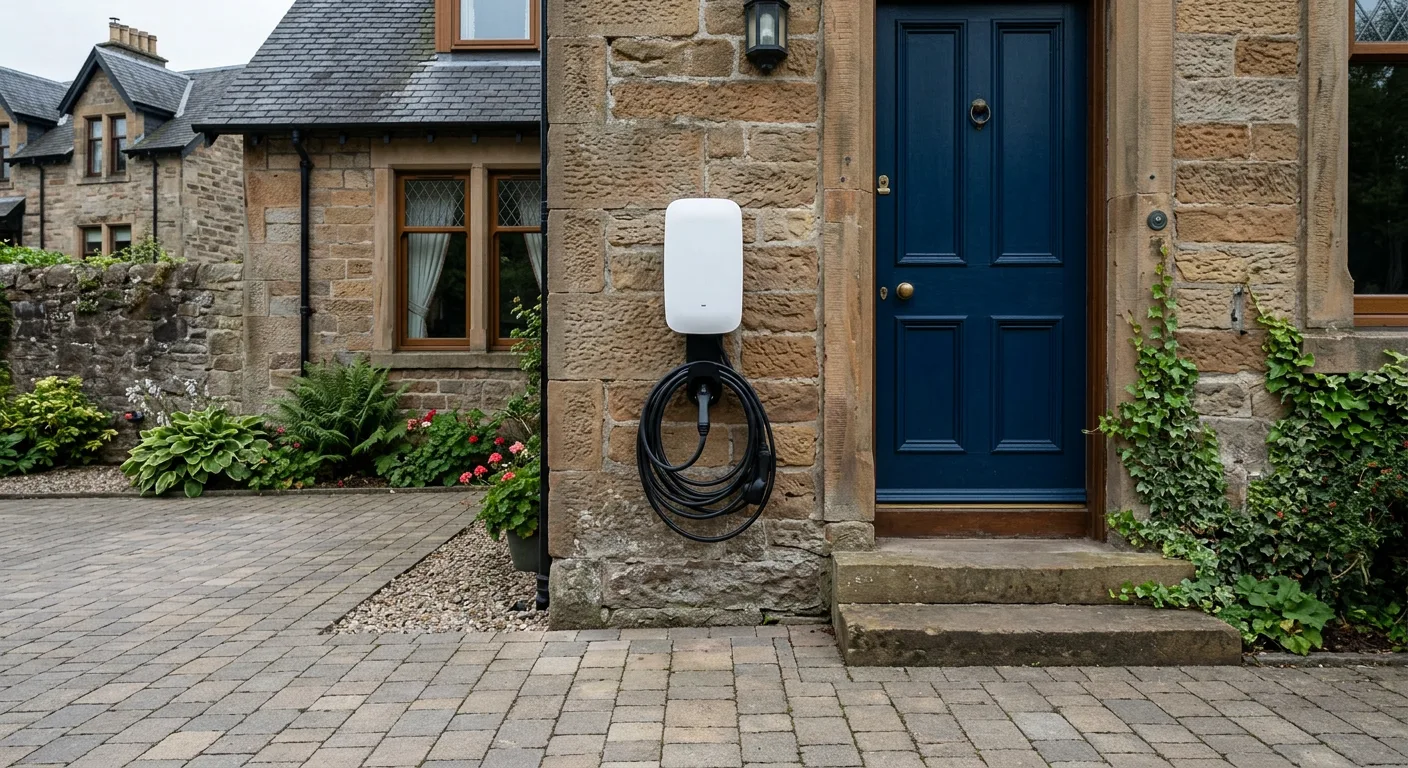 White home EV charger on a sandstone wall beside a blue front door