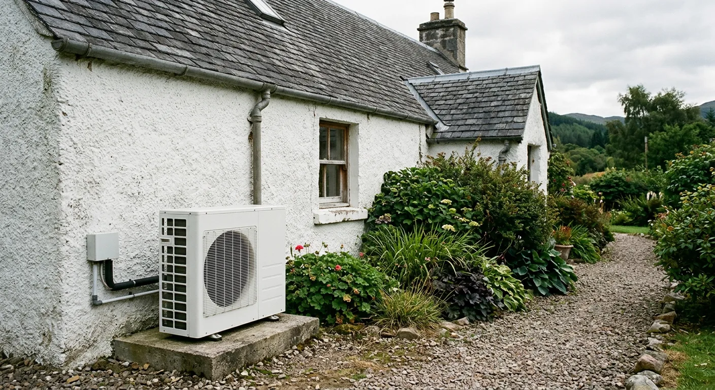 Air source heat pump outside a white harled Scottish cottage with a slate roof