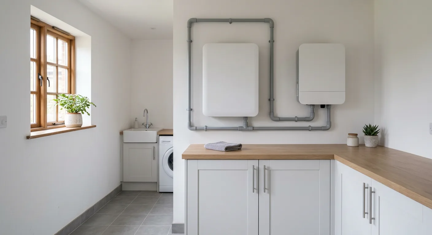 Wall-mounted home battery and hybrid inverter in a bright utility room
