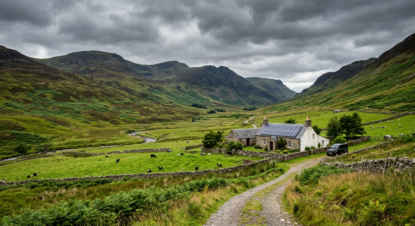 Scottish farmhouse with solar panels in a green valley with hills