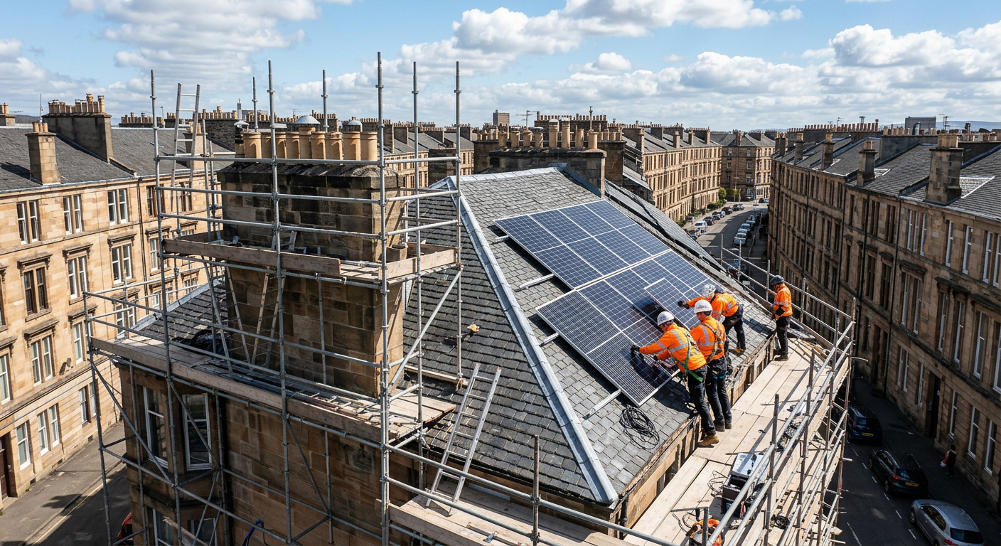 Solar panels on a Scottish slate roof with scaffolding