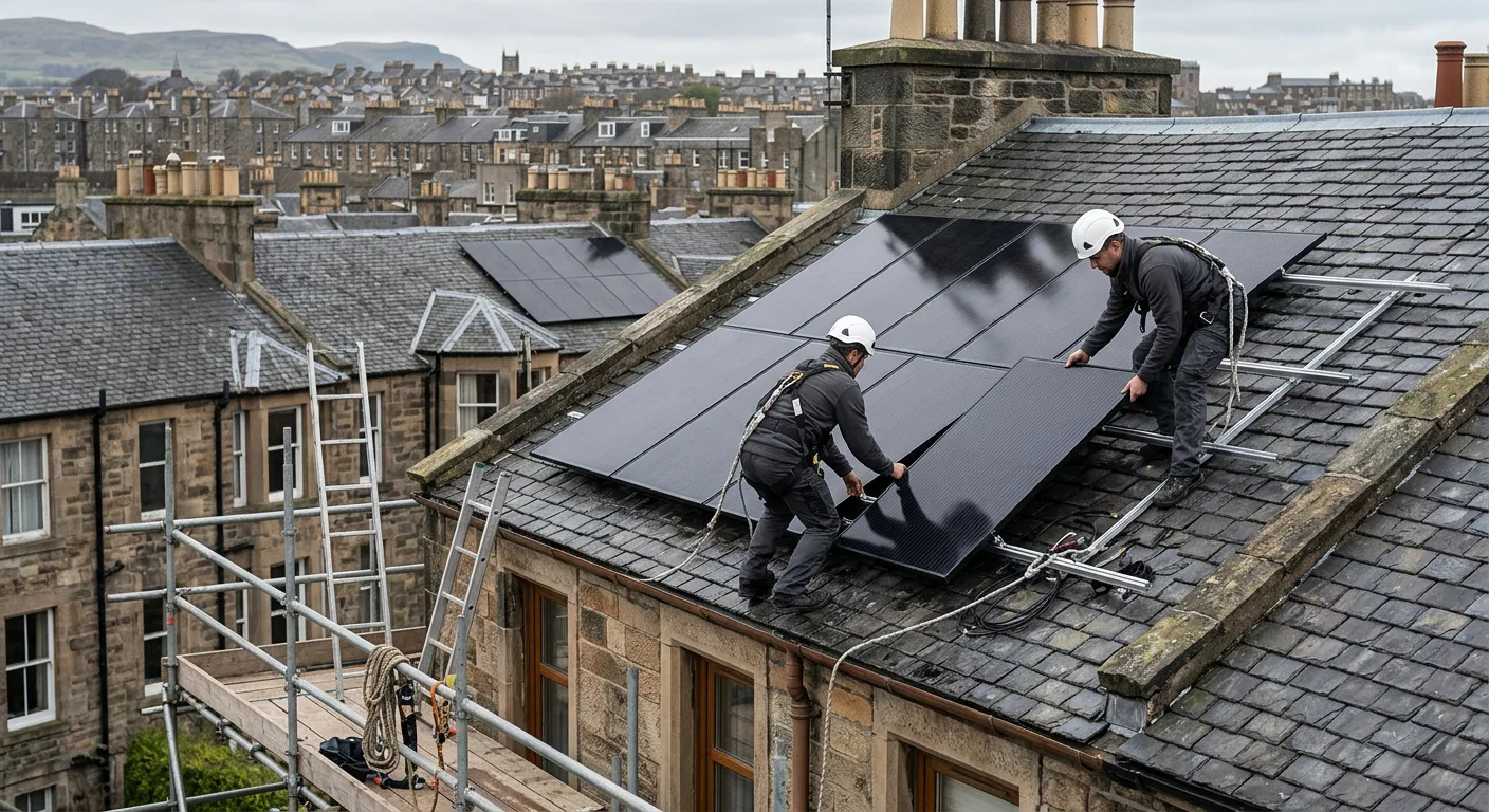 Installers fitting solar panels on a Scottish slate roof with scaffolding in place