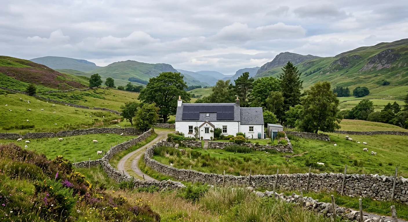 Scottish farmhouse with solar panels set among hills and drystone walls